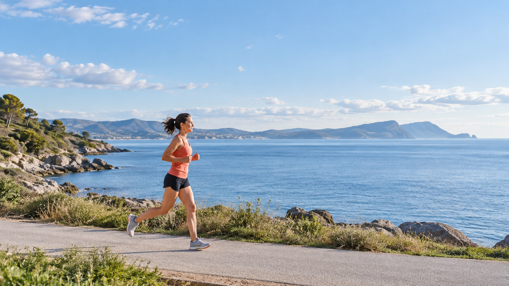 A runner beside a blue bay and distant mountains. An AI-generated image for Prexa.